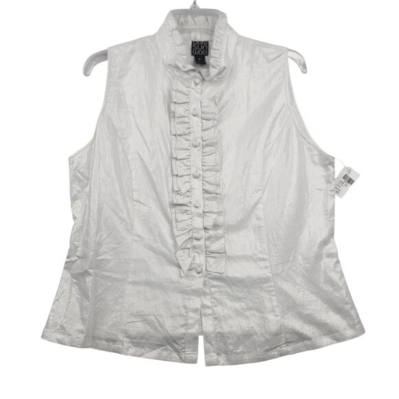 Clara Sunwoo NWT Womens Sleeveless Ruffle Button Front Top XL Ivory Linen Blend - Picture 1 of 9